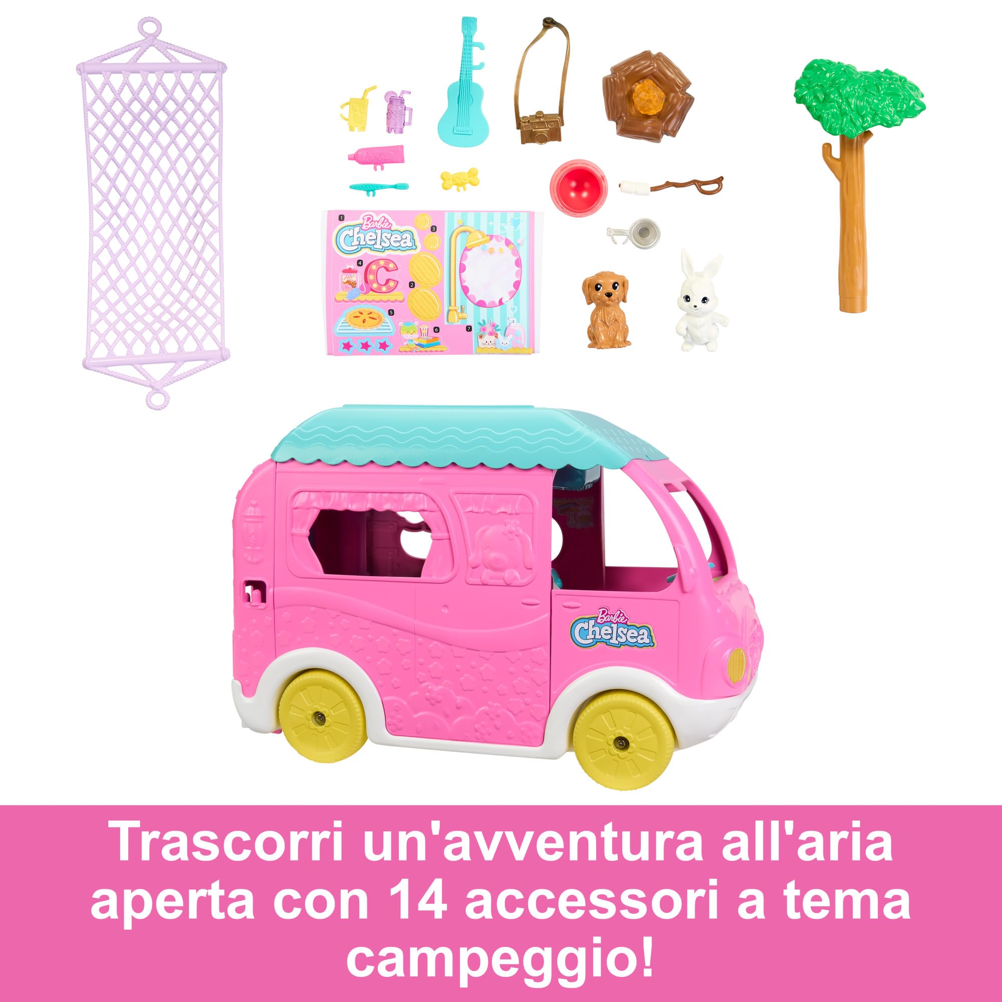 Barbie - Camper di Chelsea 2 in 1, playset con veicolo che si trasforma in un campeggio e mini bambola Chelsea, 2 cuccioli e 15+ accessori inclusi, giocattolo per bambini, 3+ anni, HNH90
