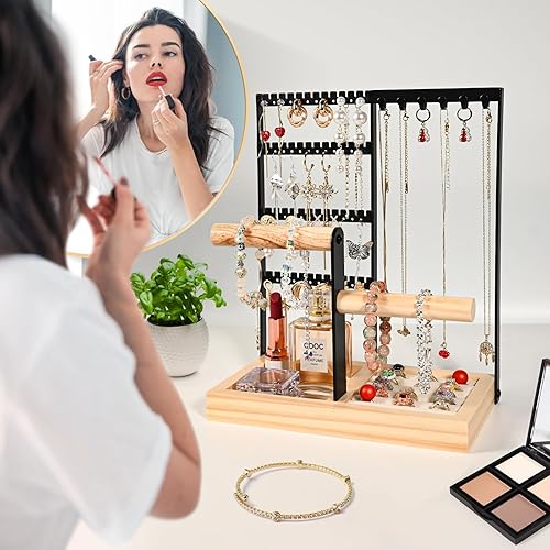 Miniatura 2 de Organizador de joyas, soporte de pie, 4 niveles para aretes con 48 agujeros, 6 ganchos para colgar, bandeja organizadora de anillos de 6 filas con