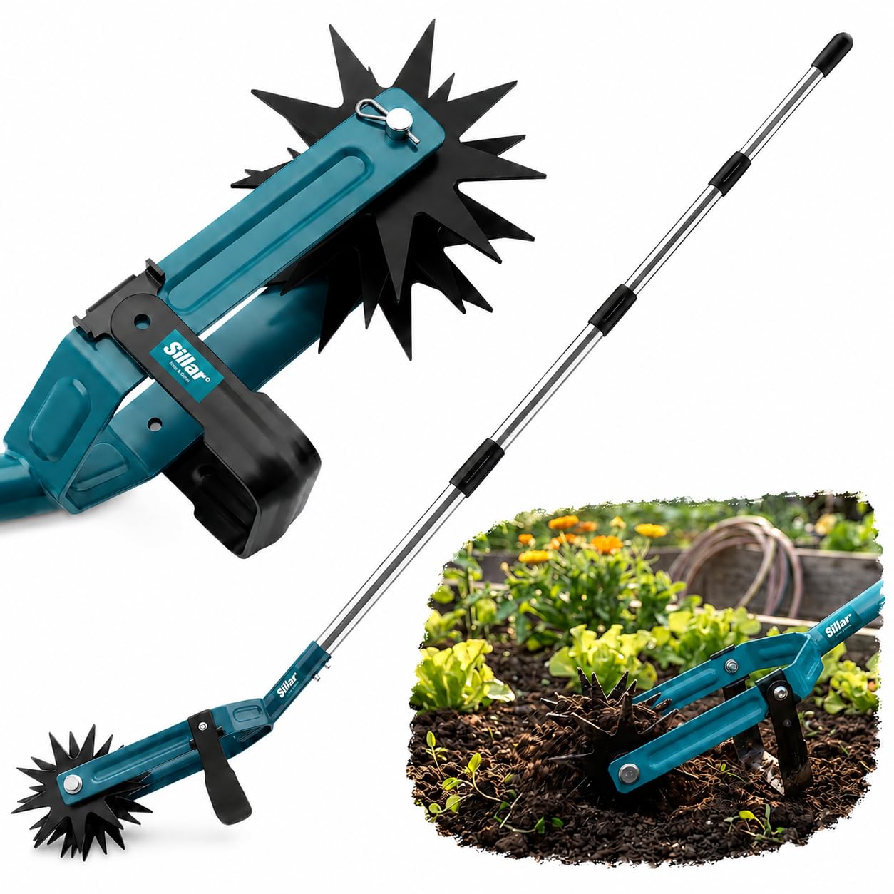 Sillar Coltivatore 2 in 1 Manuale, Arieggiatore Rotativo con Sarchiatore per Erbacce, Attrezzo da Giardino in Acciaio Inox e Manganese per Prato, Orto, Terreno, 182 cm