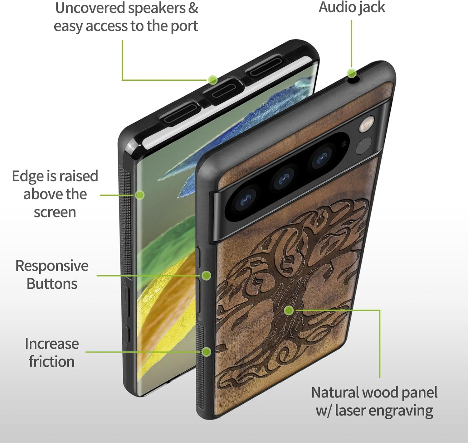 Carveit Wood Case for Pixel 8 Pro Case [Natural Wood & Black Soft TPU] Shockproof Protective Cover Unique Wooden Design Compatible with Google Pixel 8 Pro (Celtic Tree of Life-Walnut)
