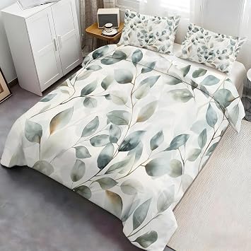 Leaf Comforter Cover 120 x 98, Eucalyptus Leaves Bedding Oversized King Size, Grey Botanical Leaves Duvet Cover with 2 Pillowcases