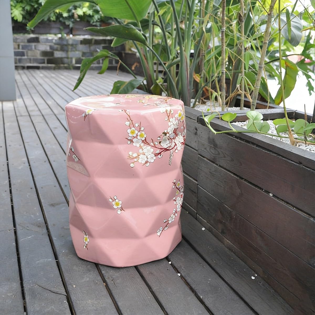 Handbemalter Keramik Gartenhocker mit Magpie- und Pflaumenblüten-Muster, Chinesischer Trommelhocker Innen/Außen, Dekorativer Keramik Hocker für Wohnzimmer & Terrasse(Gold)