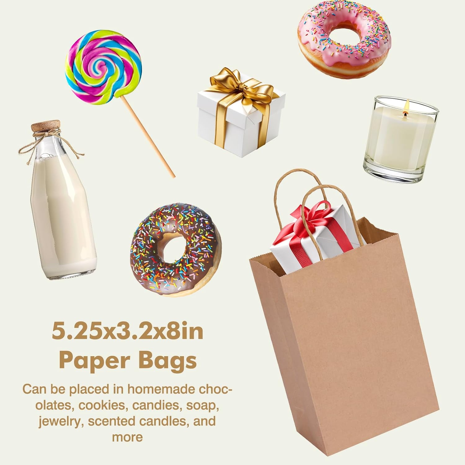 OUTUXED 60pcs 5.25x3.2x8in Small Gift Bags, Brown Paper Bags with Handles Bulk for Gift, Shopping, Birthday, Wedding, Business Party (Kraft)