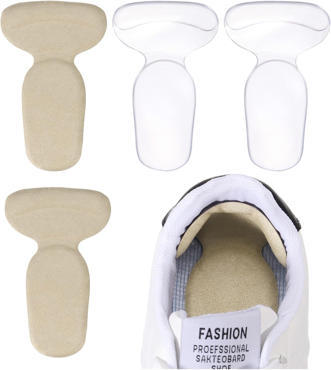 PATIKIL T-Shape Heel Pads, 2 Pairs Heel Grips Liner Cushion Pads Inserts High Heel Comfort Pads Anti Slip Back of Heel Cushion for Shoes Women Men Too Big, Skin Color/Transparent