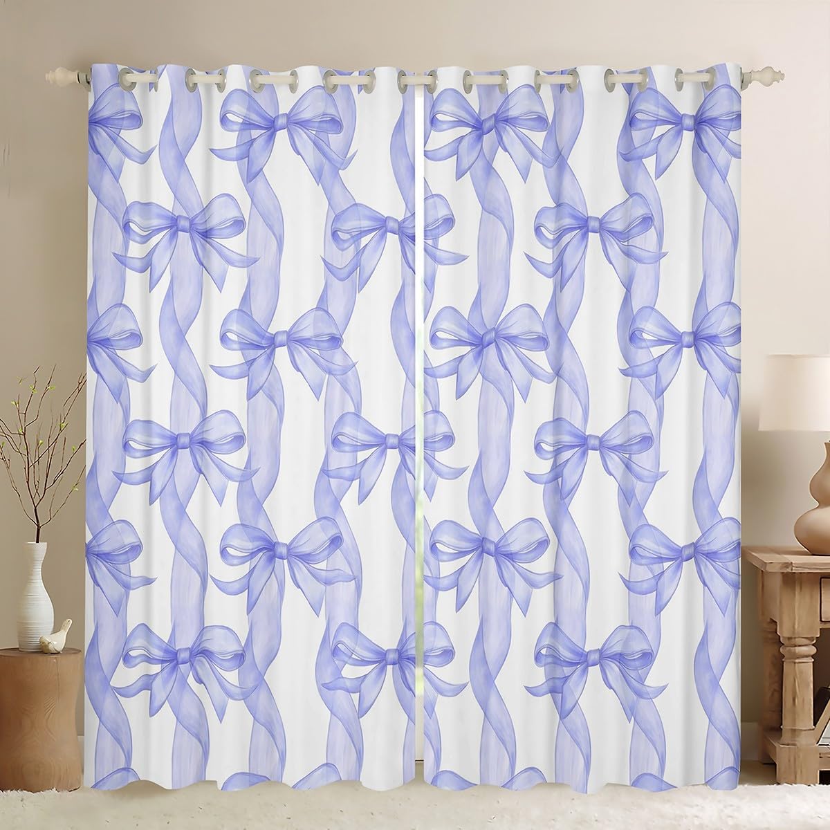 Bow Window Curtain,Light Blue Purple Bow Ribbon Curtains,Kids Girls Woman Teens Bowknot Lines Window Treatment Kawaii Sweet Bedroom Living Room Decor Top 2 Panels,42Wx63L