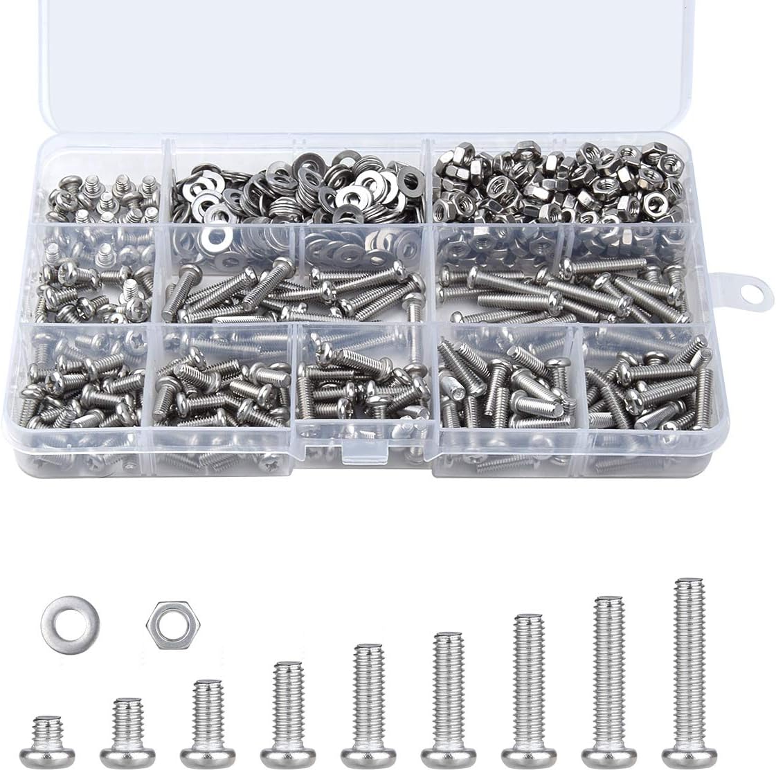 Loscrew 765PCS M4 Screws, Pan Head Screws Set Stainless Steel Bolts Nuts Flat Washers Machine Screws Kit