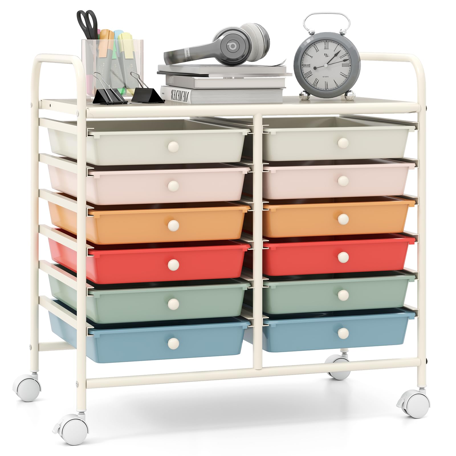 COSTWAY 12 Drawers Storage Cart, Multipurpose Utility Rolling Trolley with Lockable Wheels, Mobile Organiser Shelving Unit for Home Office Makeup Beauty Salon (Colorful)
