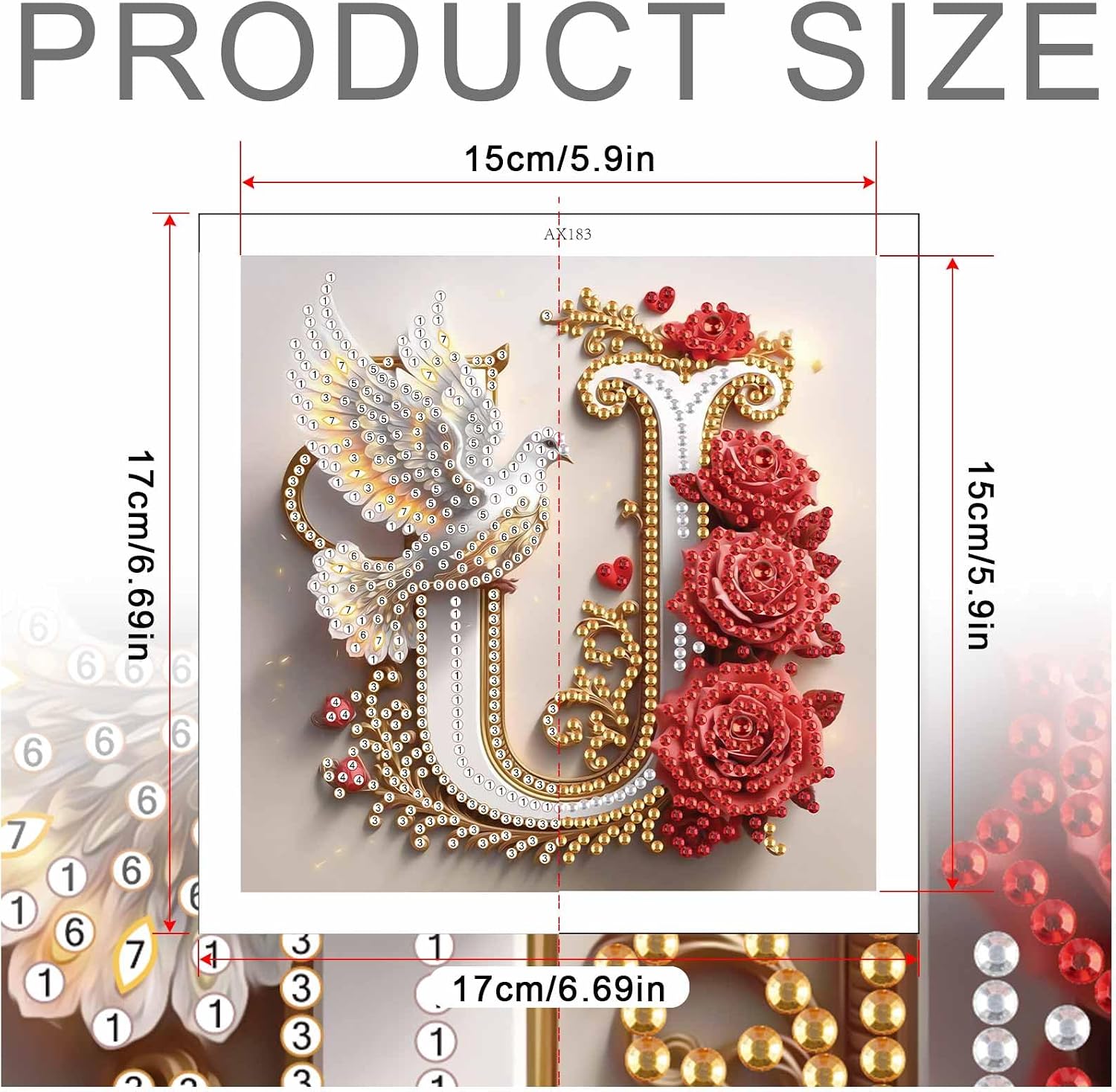 AiYuanzsh 5D Diamond Art Kits for Adults Letter U, Unique Red Rose & Dove Alphabet Diamond Painting Kit, Luxury Special Shape Diamond Art for Adults DIY Crystal Rhinestones Craft Wall Décor 17x17cm image 2