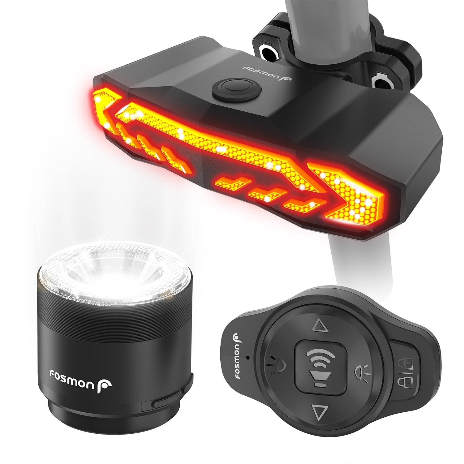 Fosmon – Luz Trasera para Bicicleta 5 en 1 con Faro Delantero, Alarma 110dB, Intermitentes, Luz de Freno Automática, Timbre, Mando a Distancia, Recargable por USB-C, Antirrobo IP65