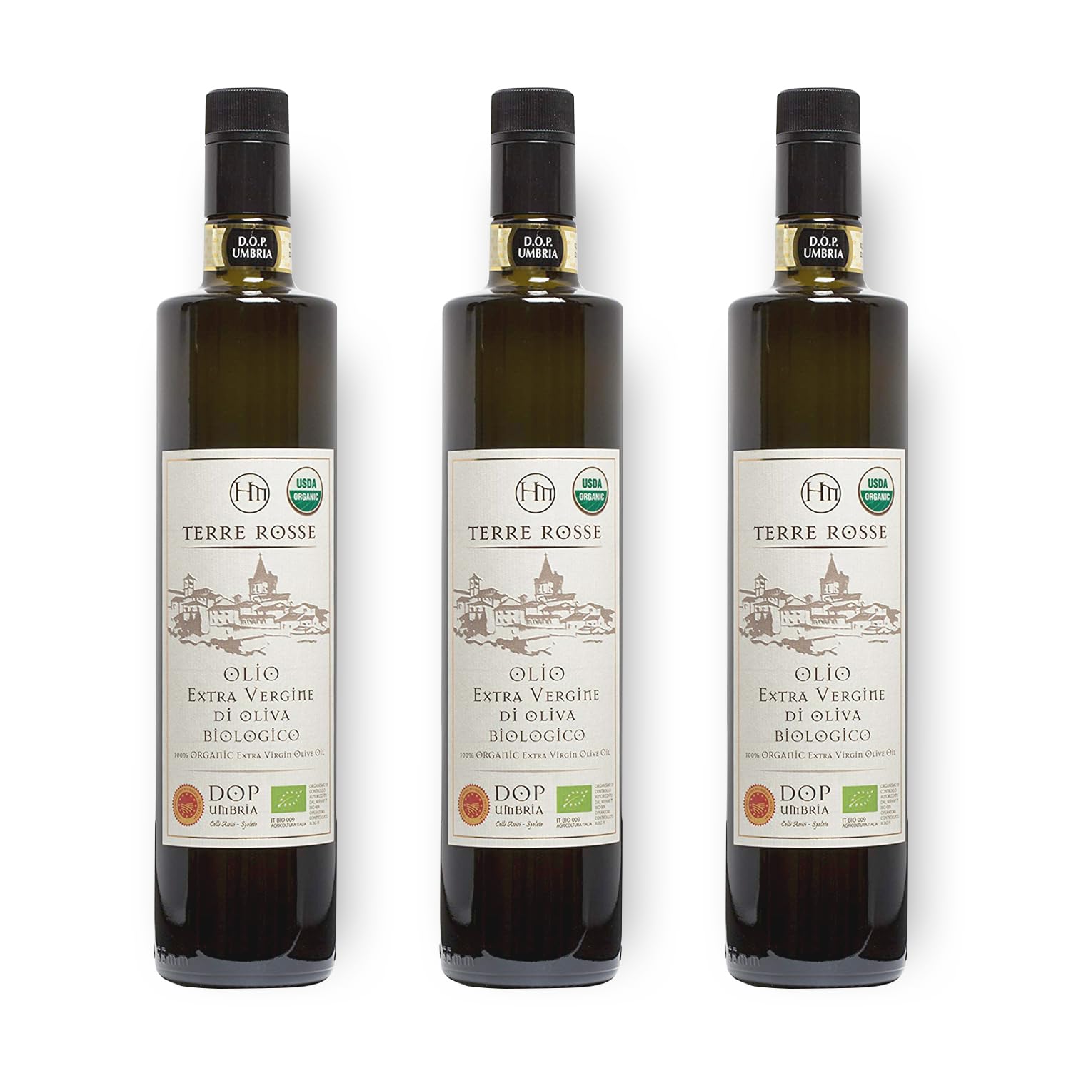 Terre Rosse - Włoska Organiczna Oliwa z Oliwek Extra Virgin Tłoczona na Zimno - Monokulturowa Moraiolo - Certyfikaty DOP Umbria i Kosher/P - Olive Harvest 2024 - Opakowanie 3 Butelki 750 ml
