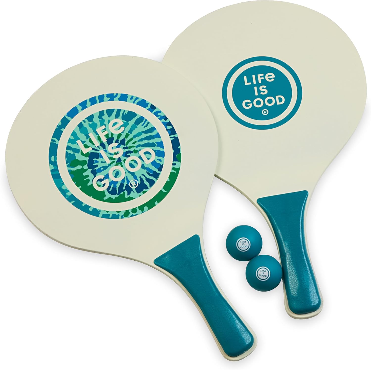 Life is Good Wooden Paddle Ball Set (Teal Tie Dye), 2 Thick Wood Paddles and 2 Balls, Classic Beach and Backyard Toss Game for Kids and Adults, Outdoor Summer Lawn and Park Activity