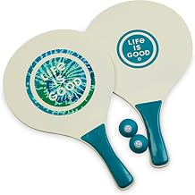 Life Is Good Wooden Paddle Ball Set Teal Tie Dye, 2 Thick Wood Paddles and 2 Balls, Classic Beach and Backyard Toss Game for Kids and Adults, Outdoor Summer Lawn and Park Activity
