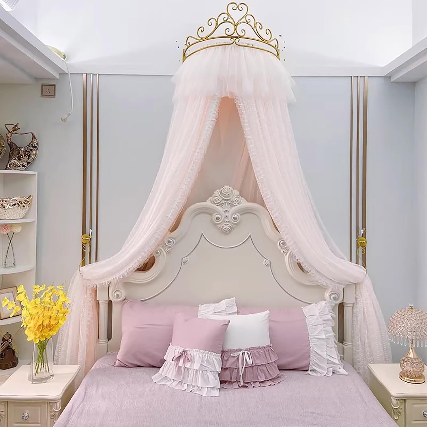 BK&MF Princess Crown Bed Canopy for Girls' Bedrooms, Romantic Lace Tulle Bed Curtain, Elegant Hanging Bed Canopy for Kids' Bed & Wedding Decor,A,120cm(48") Full