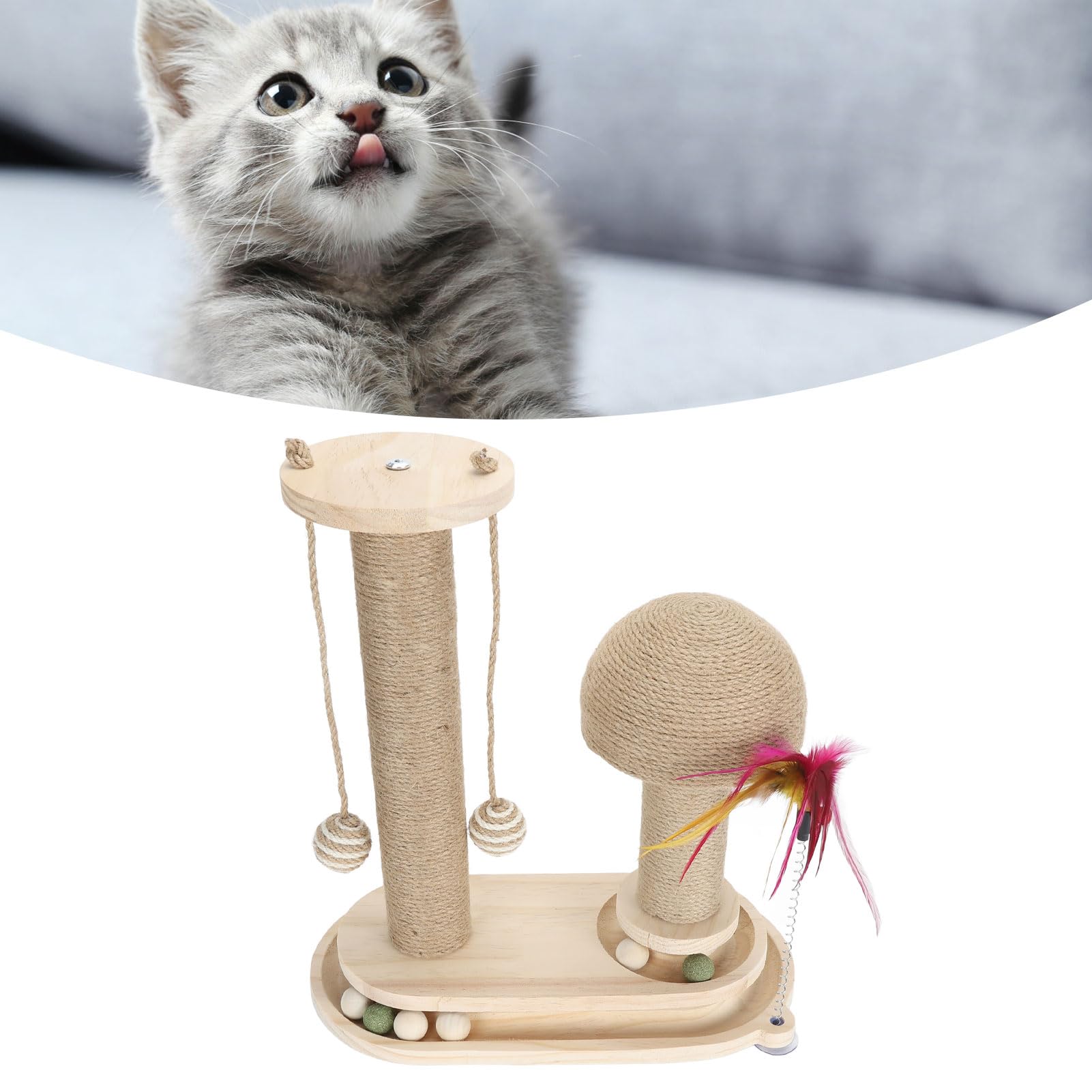 Arbre à Chat à 2 Couches, Grand Griffoir Interactif pour Chaton avec Baguette Taquine pour Chats d'intérieur, Plateau Tournant Ovale en Forme de Champignon pour Prévenir Pleinement Le Chat.