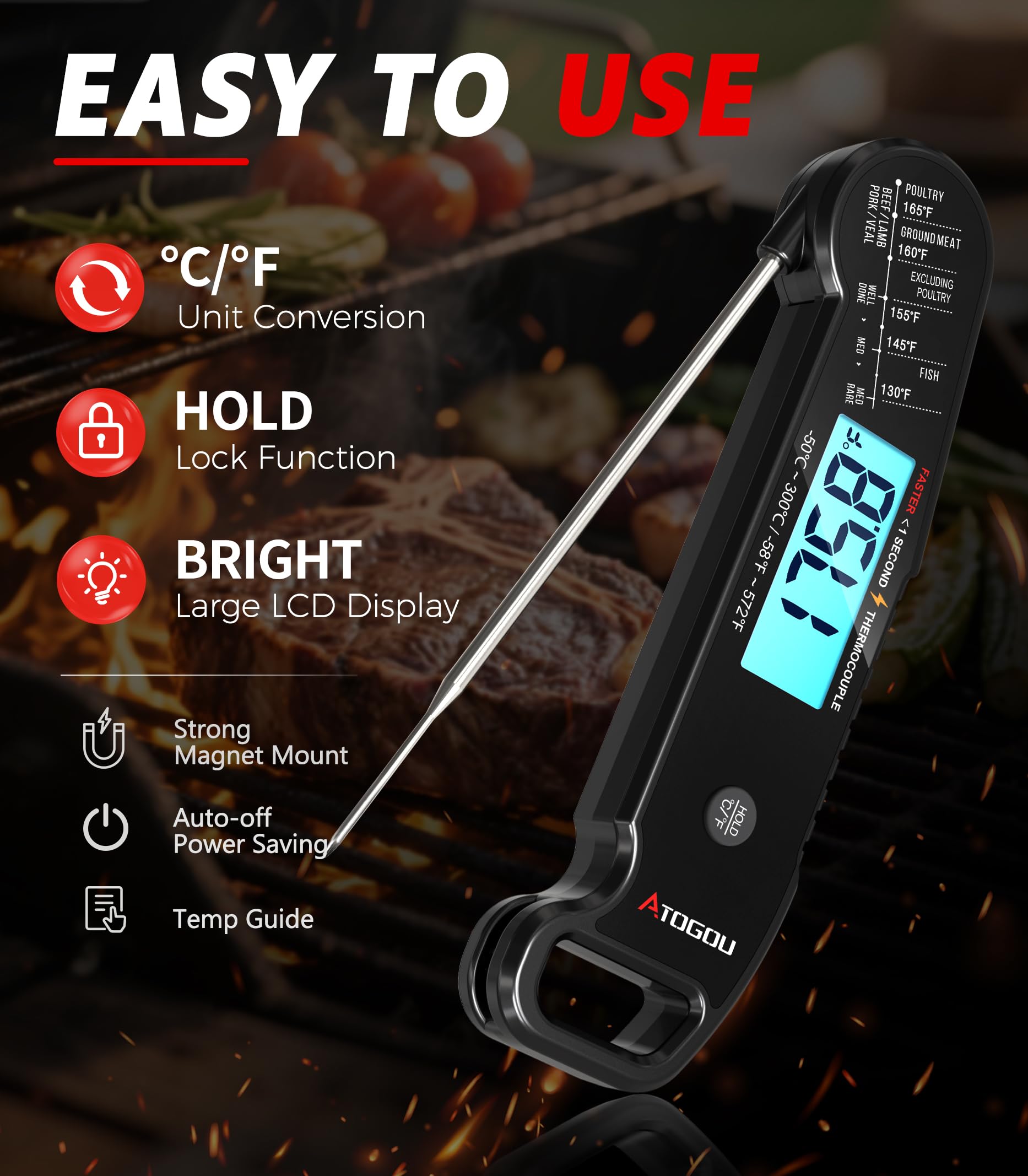 Termómetro profesional para alimentos y carne, lectura instantánea de 1 segundo y precisión de ±0.-15.0 °C impulsado por sensor de termopar. Termómetro digital impermeable IP67 para cocinar, barbacoa