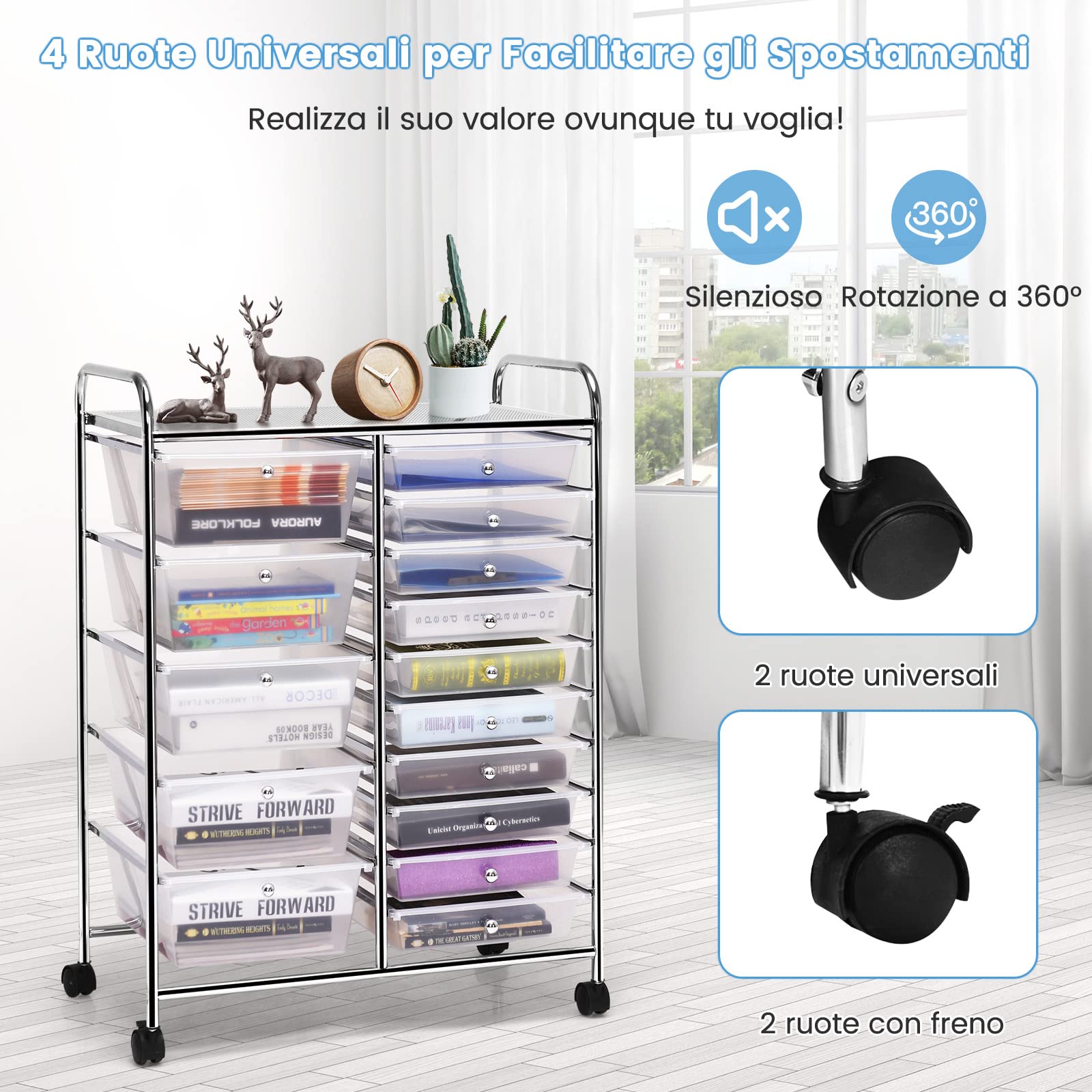 GYMAX Carrello Portaoggetti con 15 Cassetti Staccabilea, Carrellino Salvaspazio con Ruote, per Uffici, Parrucchieri, Studio, Soggiorno, 62,5 x 37 x 87 cm (TRASPARENTE)