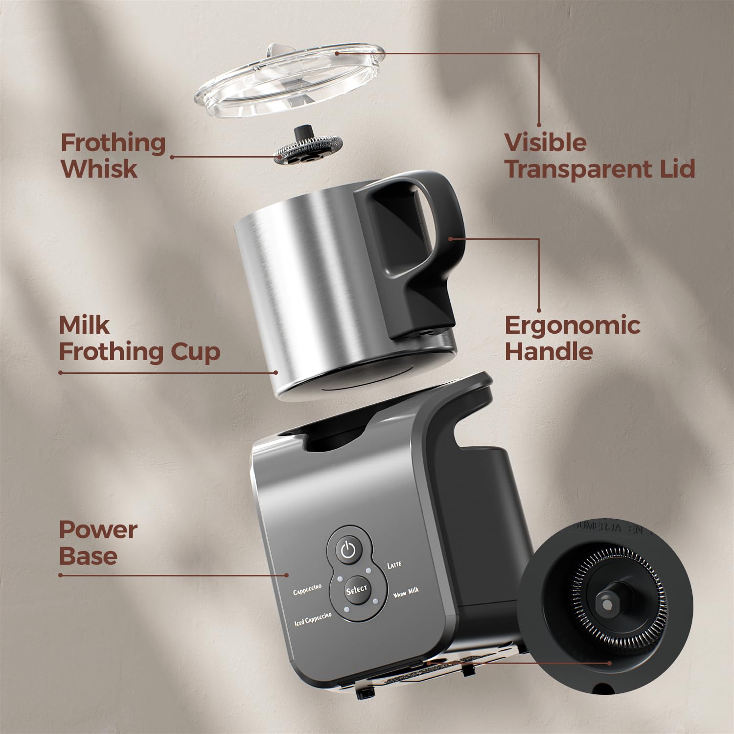 Espumador de leche, vaporizador eléctrico, máquina automática de espuma de capuchino caliente y frío 4 en 1, calentador de leche de 12.5 onzas para latte, macchiato, acero inoxidable