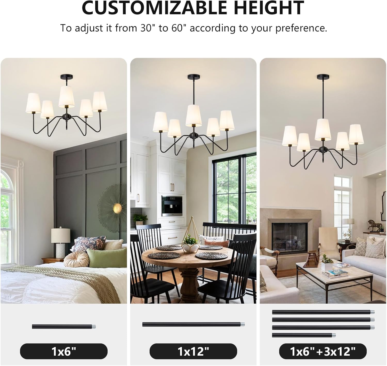 Modern Chandelier for Dining Room, 5-Light Farmhouse Pendat Light Fixture with White Fabric Shade,Black Hanging Light Fixture Over Table Ceiling Chandelier for Bedroom,Living Room,Hallway