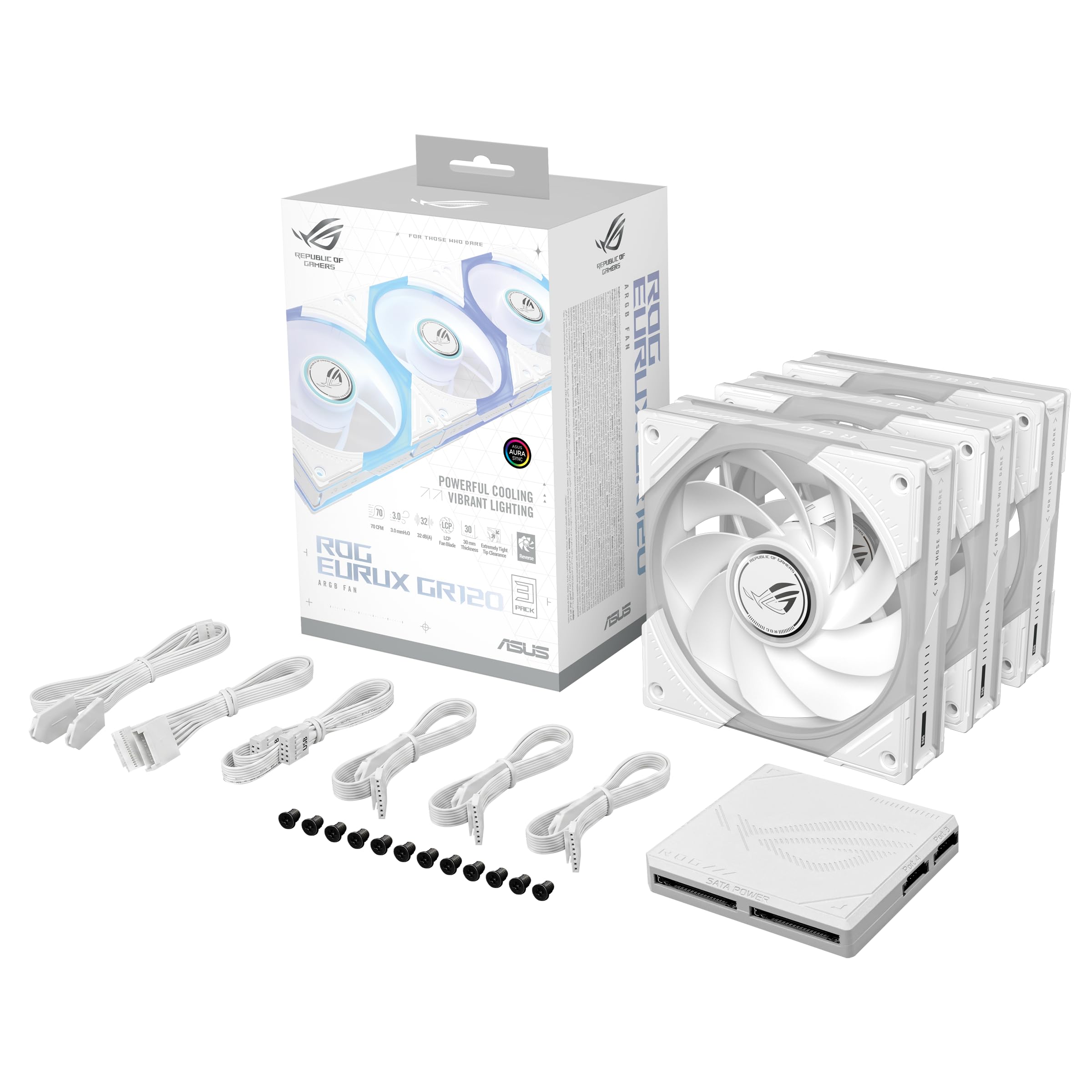 ROG Eurux GR120 ARGB Ventilateurs Reverse, Blanc, Pack de 3