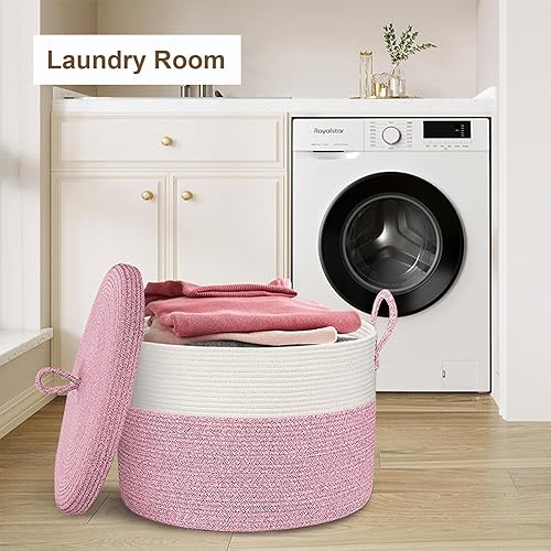 Miniatura 22 de Cestas de almacenamiento extra grandes de 21 x 18 pulgadas, cestas de cuerda ecológicas con tapa, cesta de manta para sala de estar con tapa, cestas