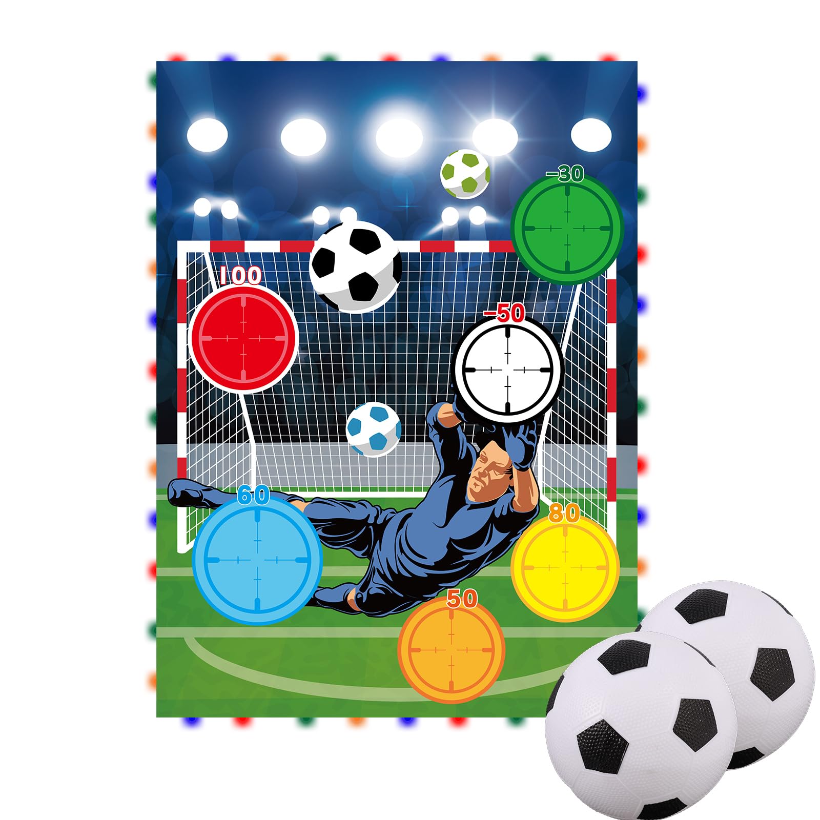Trampoline Soccer Game Set with Light Strip, Football Moving Kick Toss Goal Target Net with 2 Balls Kids Gifts Indoor Outdoor Sports Toy for 8/10/12/14FT Trampoline Game Accessories