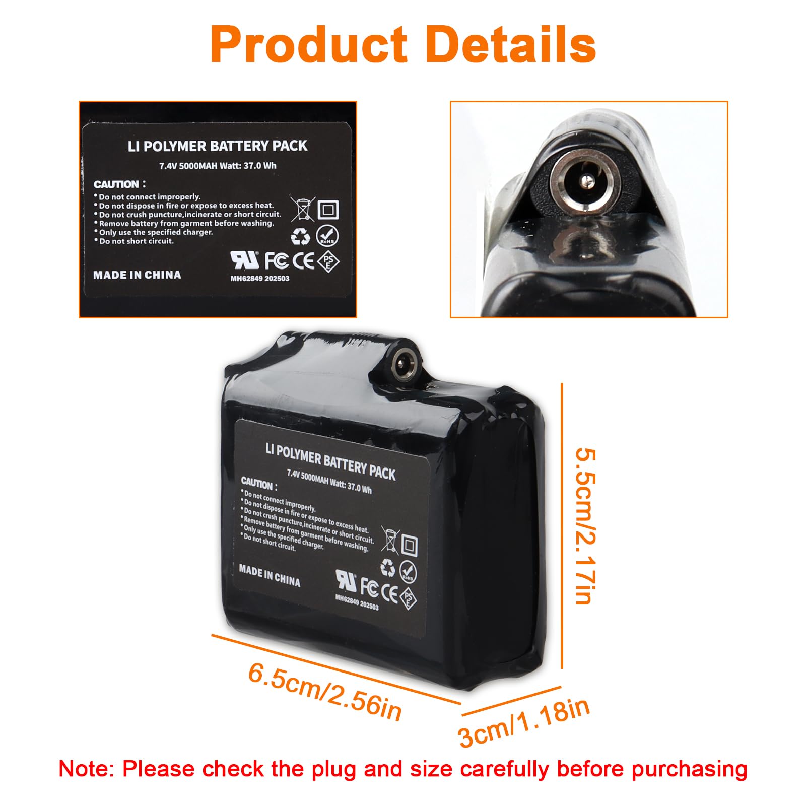 2Pcs 7.4V 5000mAh Baterías Recargables de Polímero de Litio de 37 WH con Cargador para Guantes, Calcetines, Pasamontañas, Gorros, Plantillas, Ropa Interior Térmica y Mitones