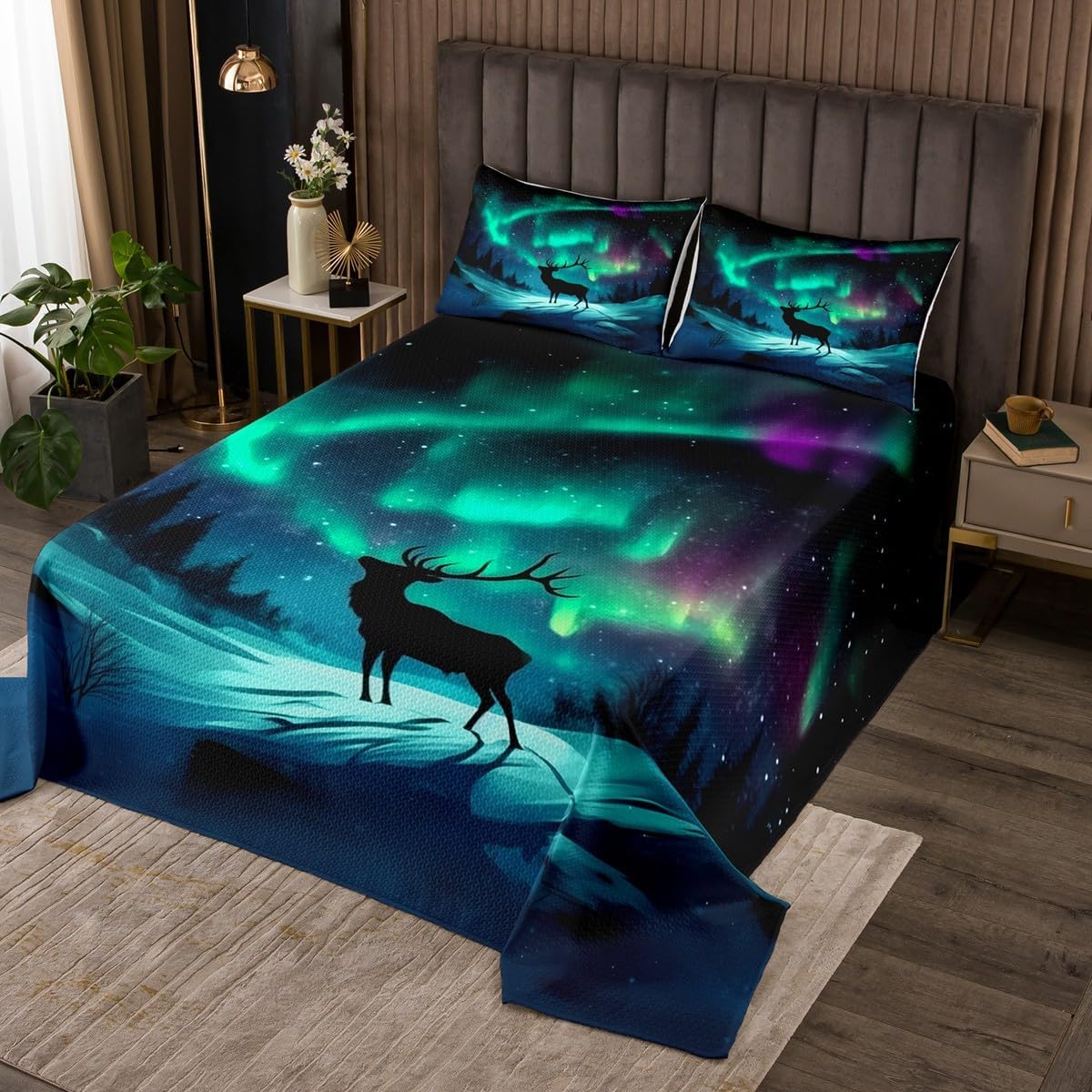 Erosebridal Aurora Deer Quilt Set King Size,Northern Lights Bedding Set for Kids Adults,Farmhouse Cabin Deer Bedspread Set Starry Night Nature Coverlet Set with 2 Pillowshams Room Decor