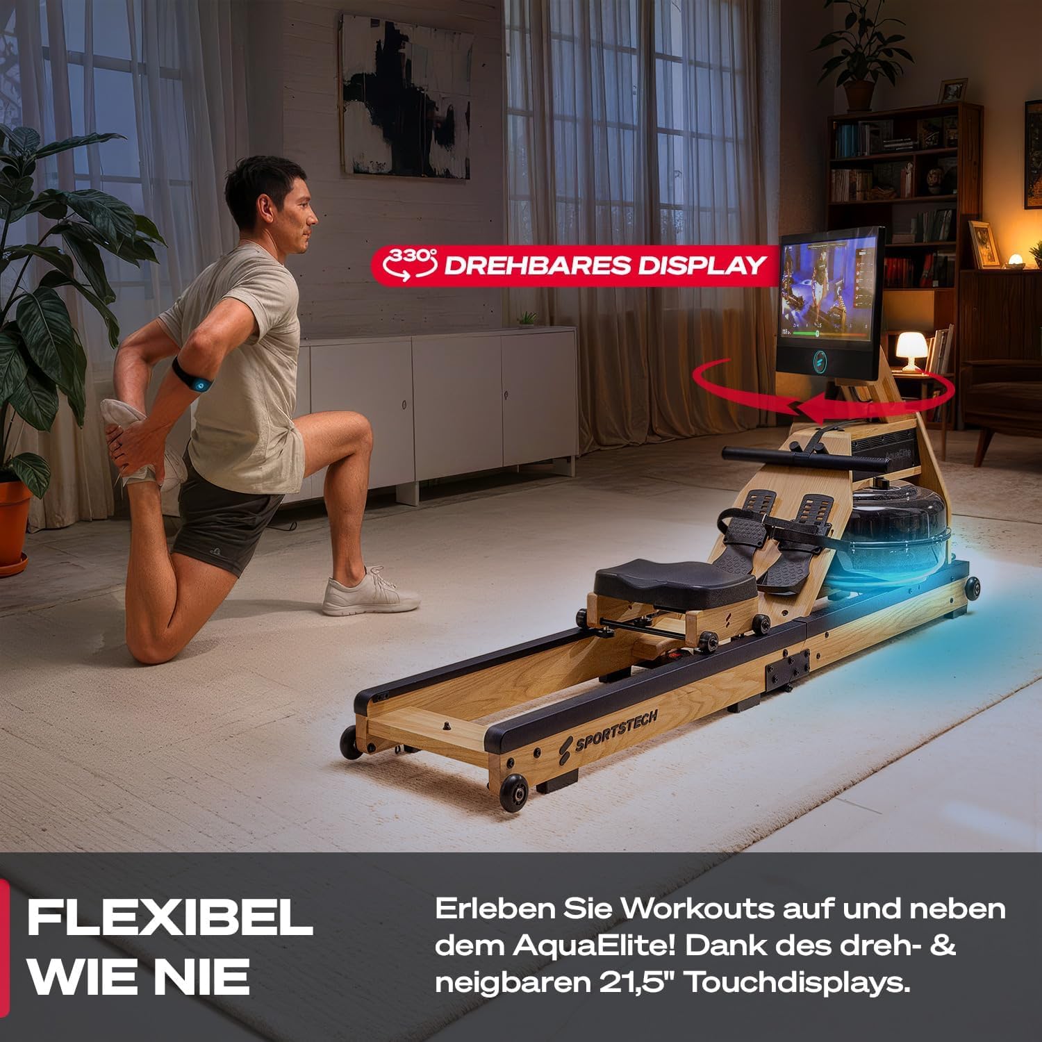 Sportstech AquaElite, Wasser Rudergerät für zu Hause, authentisches Rudererlebnis, Cardio und Ganzkörpertraining, Massivholz, klappbar, LED-Wassertank, 10,1" oder 21,5" Display mit App