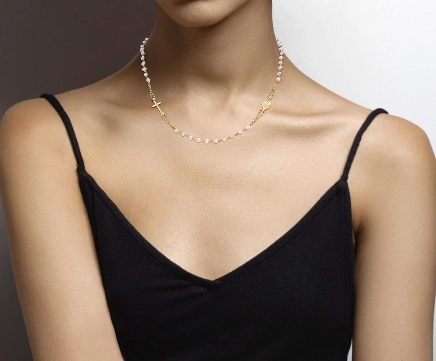 Miabella 18K Gold Plated 925 Sterling Silver Handmade Italian White Freshwater Pearl Ball Beaded Sideways Rosary Cross Necklace for Women, Made in Italy