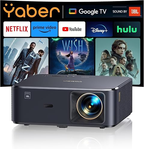 Beamer 4K mit Android TV 11.0, Sound by JBL, Dolby Audio, NFC, Autofokus, Auto Trapezkorrektur, WiFi6, Bluetooth, YABER K2s 1080P Full HD Beamer Heimkino Outdoor 300" Display Video Projektor