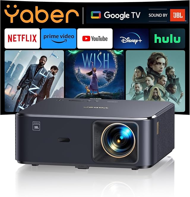 Beamer 4K mit Android TV 11.0, Sound by JBL, Dolby Audio, NFC, Autofokus, Auto Trapezkorrektur, WiFi6, Bluetooth, YABER K2s 1080P Full HD Beamer Heimkino Outdoor 300" Display Video Projektor