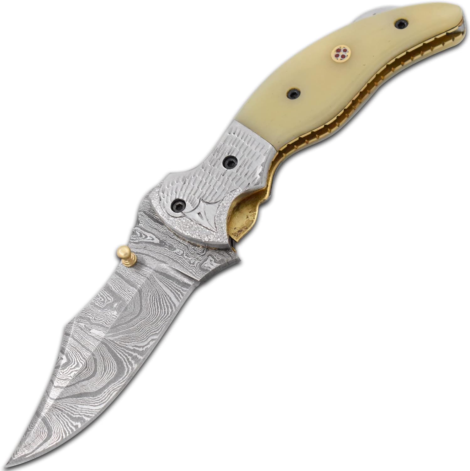 Wild Turkey Handmade Real Damascus Steel Manual Folding Pocket Knife Comes With Leather Sheath