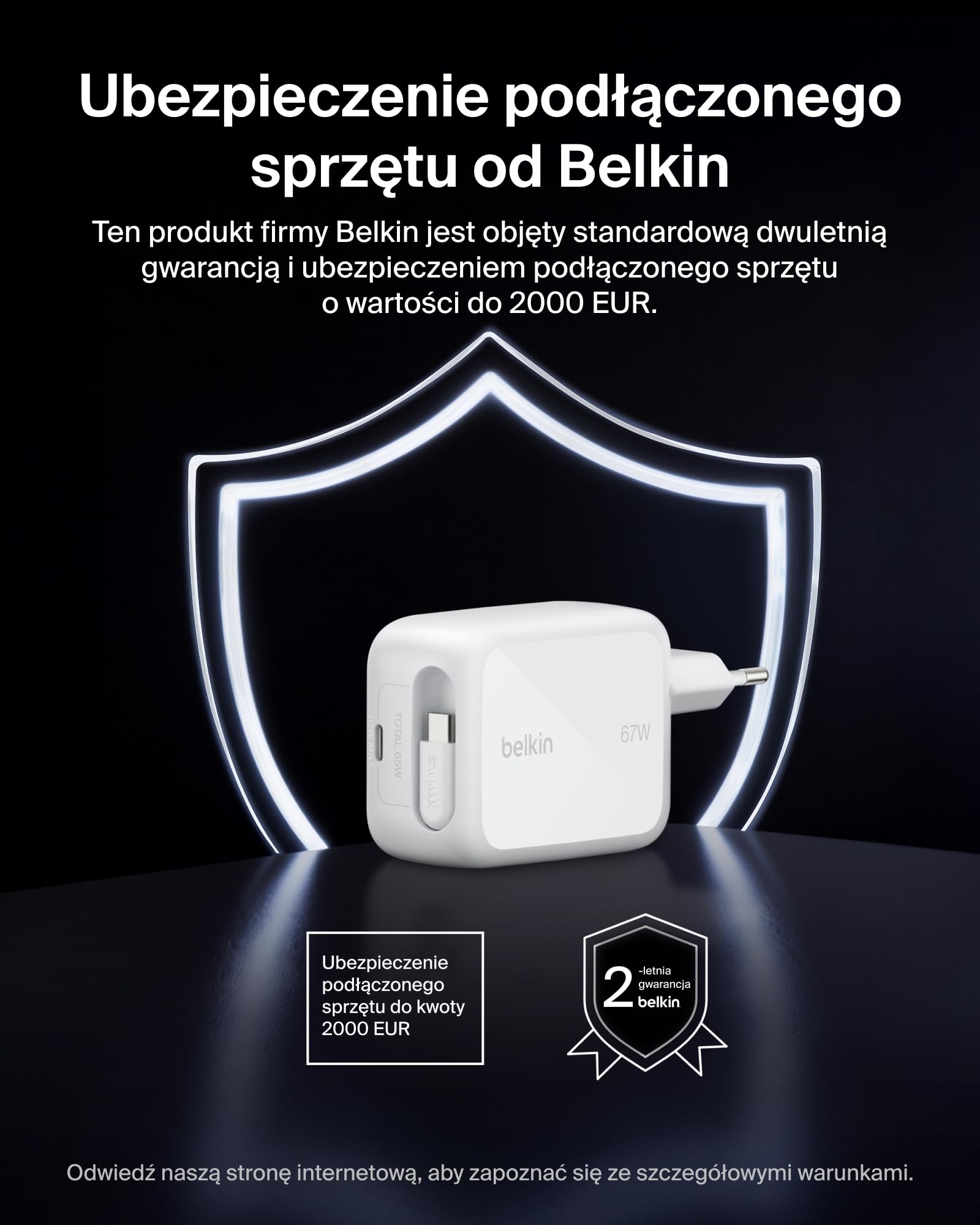 Belkin Ładowarka USB-C 67 W z Wysuwanym Kablem USB-C (1 m) i Portem USB C – Ładowarka GaN, Szybkie Ładowanie Urządzeń iPhone Serii 17 i 16, Galaxy Serii S26, AirPods, MacBook, Chromebook i Tabletów