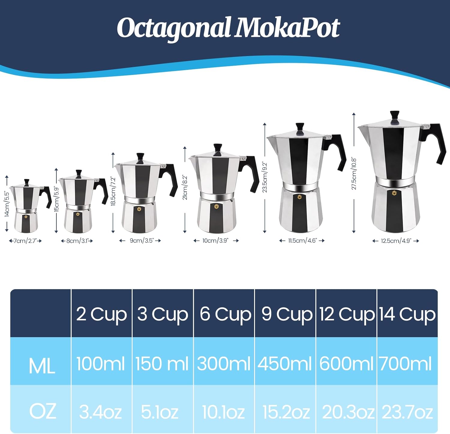 14 Cup Moka Pot Aluminum 700ml Italian Coffee Maker Stovetop Espresso CoffeeMakers Mocha Pot Percolator Greca Coffee Maker for Electric Ceramic Stove Portable for Easy Brewing