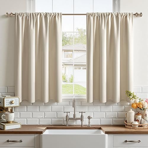 CUTEWIND Cortinas Cocina Cortas Opacas Termicas Aislantes Frio y Calor para Barra, 90x60 cm, Cortina para Bajo Fregadero Mueble de Cocina, Ventana Pequeña, 2 Piezas, Beige - 90An x 60Al cm (2 Paneles) - Beige