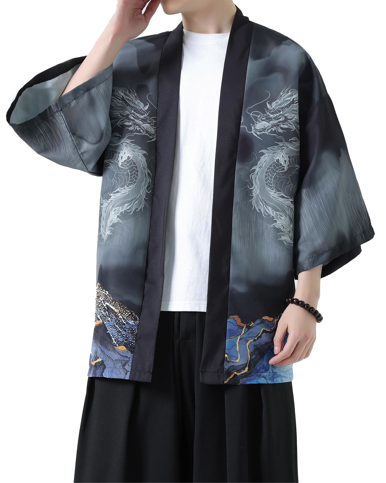 PRIJOUHE Men's Kimono Cardigan Jacket Japanese Style Flying Crane Seven Sleeves Open Front Coat