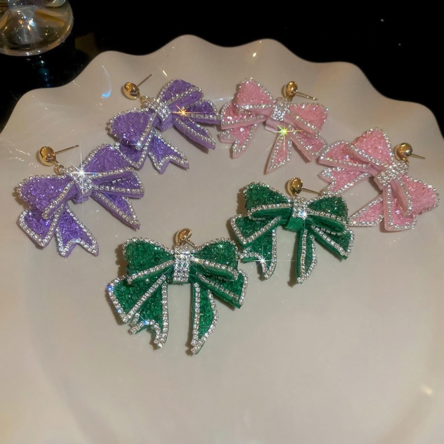 Pink Rhinestone Bow Drop Earrings for Women Cute Green Purple Rhinestone Bowknot Dangle Drop Earring Trendy Christmas Jewelry Gift for Women - Image 5