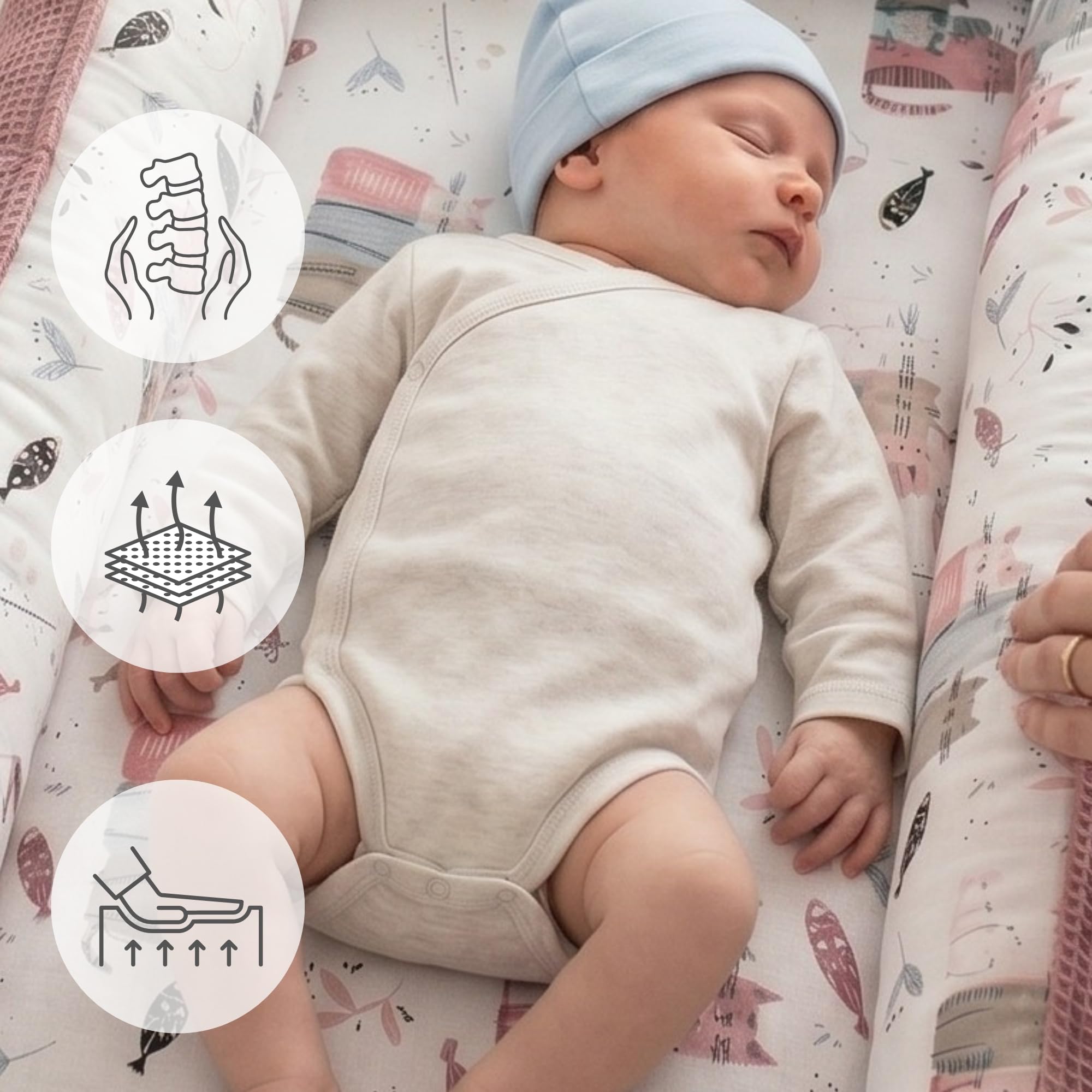 Bellochi Hush Baby Nest Cocoon leżak dla noworodka z cichymi magnetycznymi zapięciami dla spokojnego wypoczynku - hipoalergiczna bawełna premium, wielofunkcyjna mata na brzuch i przenośna kapsuła