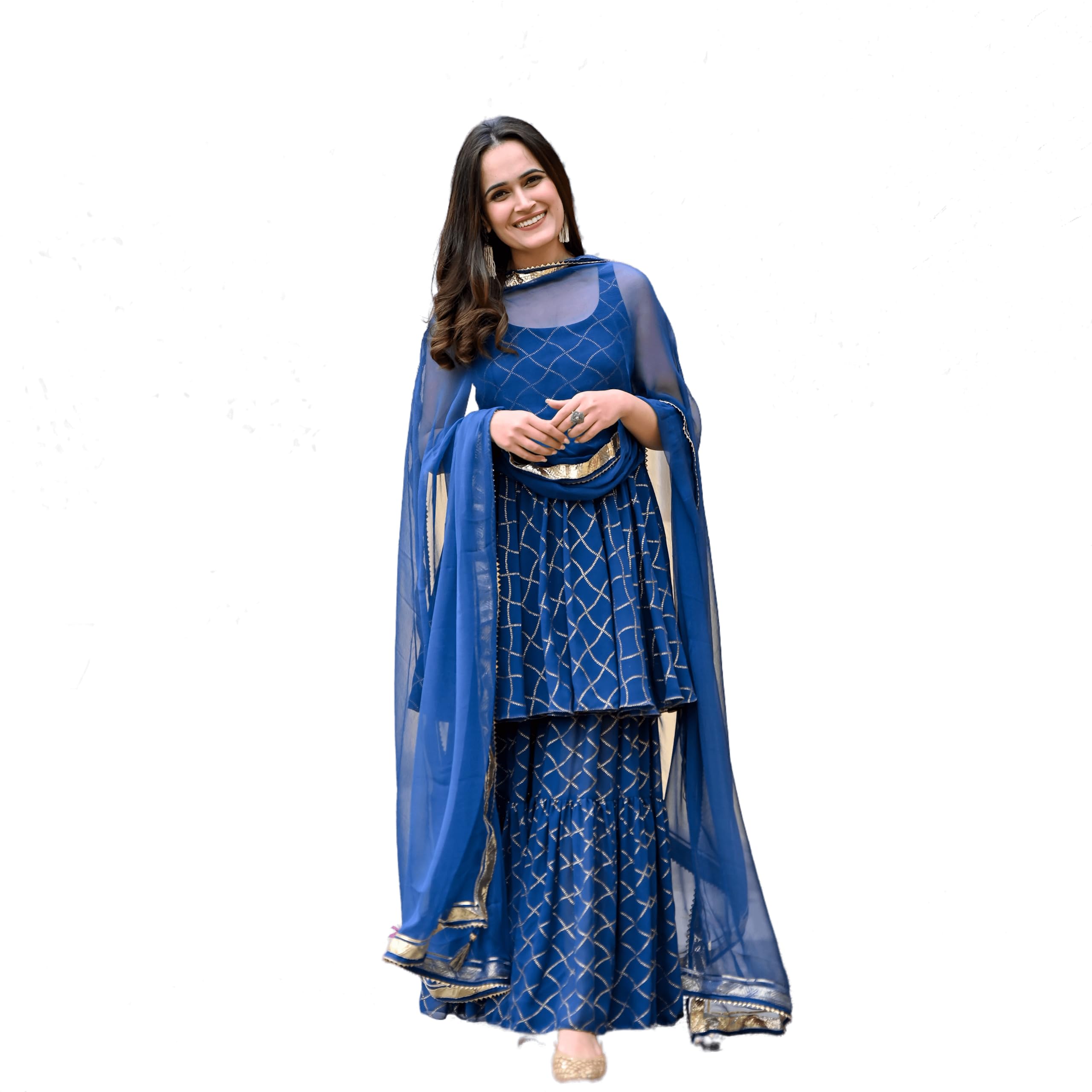 ROYAL EXPORT Women's Blue Color Viscose Gold Printed Kurta Sharara Set with Dupatta for Women
