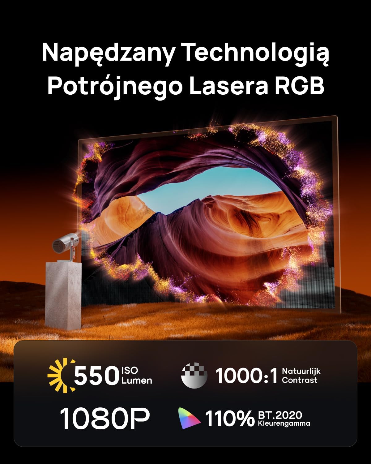 XGIMI MoGo 4 — портативный лазерный проектор с 4 фильтрами, яркостью 550 люмен (ISO), поворотом на 360°, встроенным аккумулятором, 2,5 часами автономной работы, встроенными сервисами Google TV и Netflix, динамиками Harman Kardon мощностью 2×6 Вт