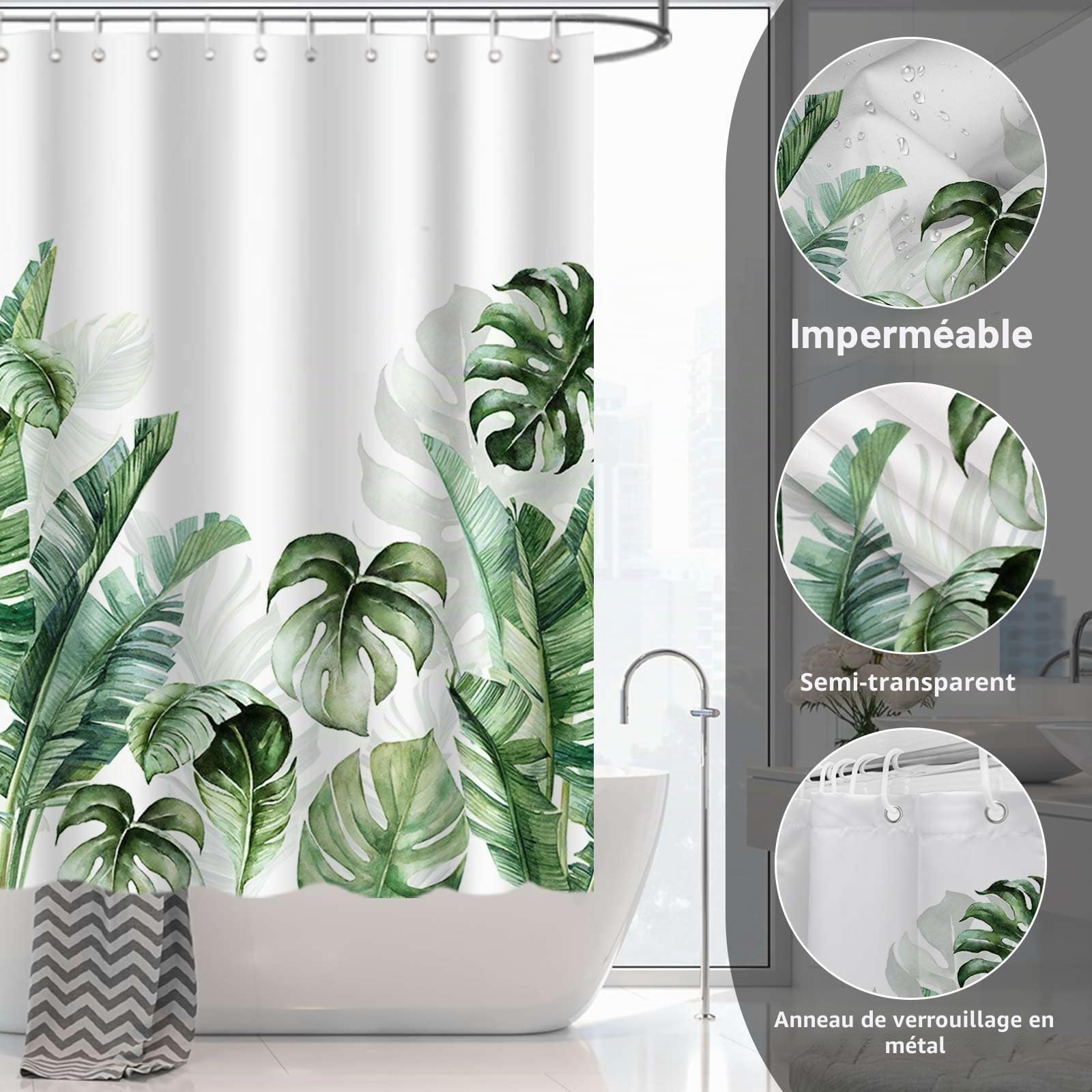 AIBIIN Lot de 4 rideaux de douche motif feuilles de palmier tropicales avec tapis antidérapant, housse d'abattant de toilette et tapis de bain, rideaux de bain modernes pour décoration de salle de