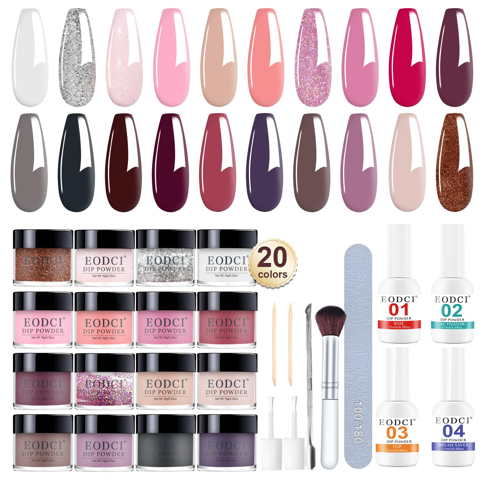 31 Pcs Dip Powder Nail Kit Starter - 20 Colors Nude Pink Skin Dipping Powder Liquid Set with Base Top Coat, Activator, Brush Saver, Nail Buffer and Brush No Needed Lamp Curing