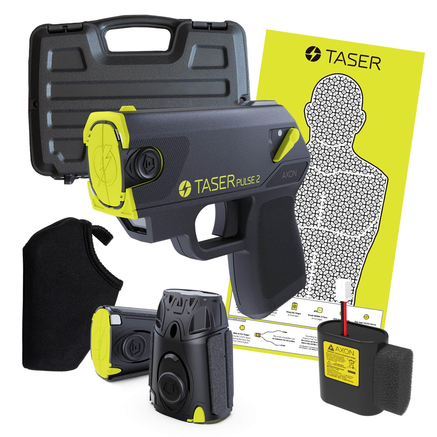 TASER Pulse 2 Self-Defense NMI Stun Device Compact, Lightweight 8oz Personal Protection Tool with 2 Cartridges, Rugged Carrying Case, Lithium Battery, Conductive Practice Target, Soft Carry Sleeve