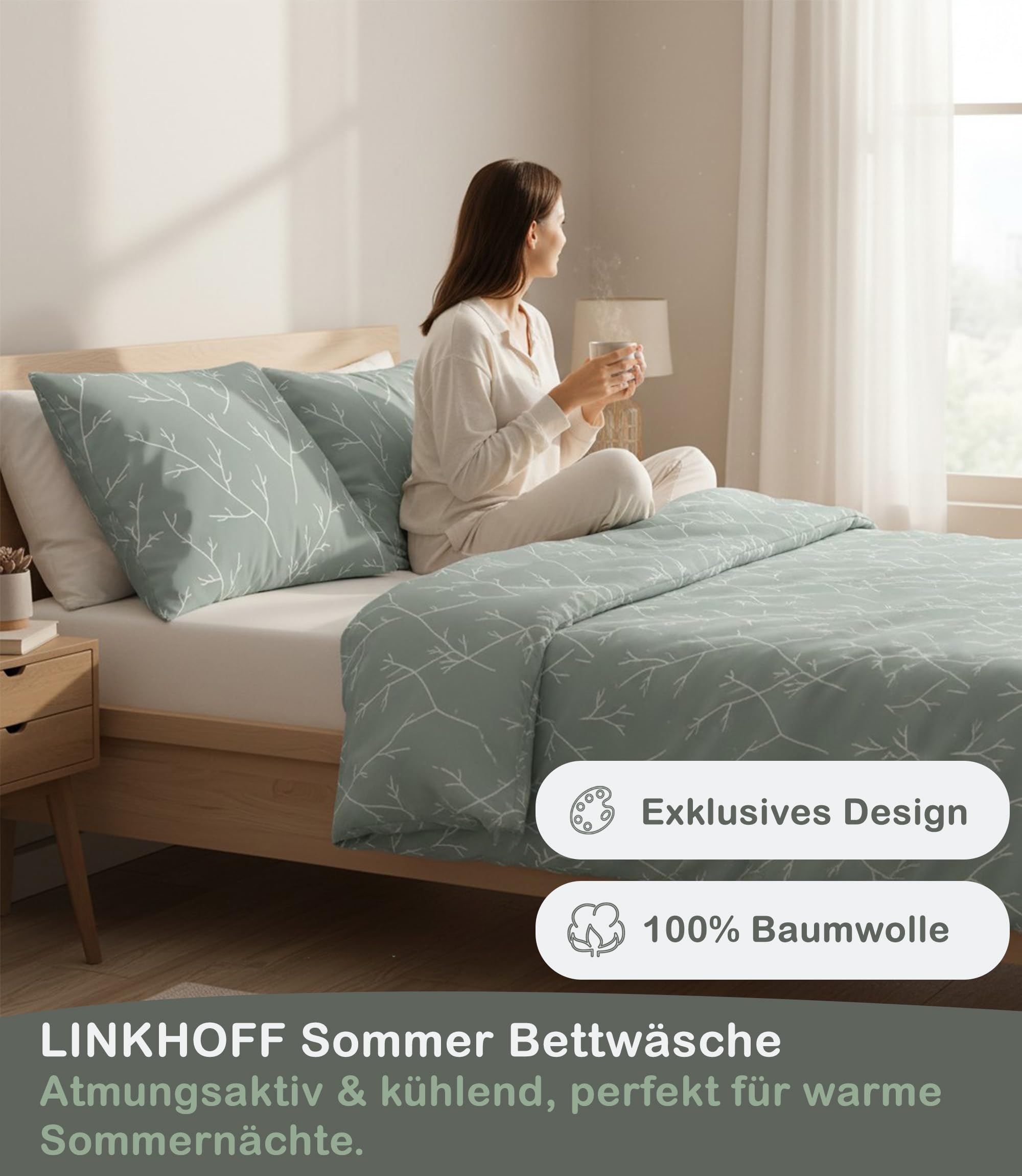 LINKHOFF Renforce Bettwäsche 135x200 Baumwolle 4teilig - Grün mit Blumen 2 Bettbezüge + 2 Kissenbezüge - Grüne Sommerbettwäsche kühlend & bügelfrei - Olivgrün Blätter u. Zweige – Sommer