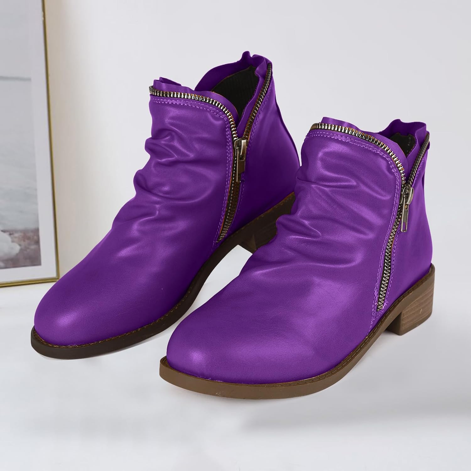 Ankle Boots for Women Low Heel Arch Support Booties Side Zipper Vintage Leather Damping Shoes Fall Winter Wide Width Round Toe Short Boots Womens Comfortable Casual Chunky Heels Boot