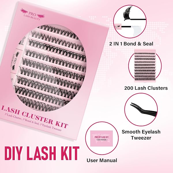 𝐏𝐑𝐎 DIY Wimpernverlängerung Kit, individuelle Wimpern Kit mit 200 Pcs 40D Cluster Wimpern Bindung und Siegel, Wimpern Applikator Einsteiger-Kit (40D DIY Lash Kit-A) - 2