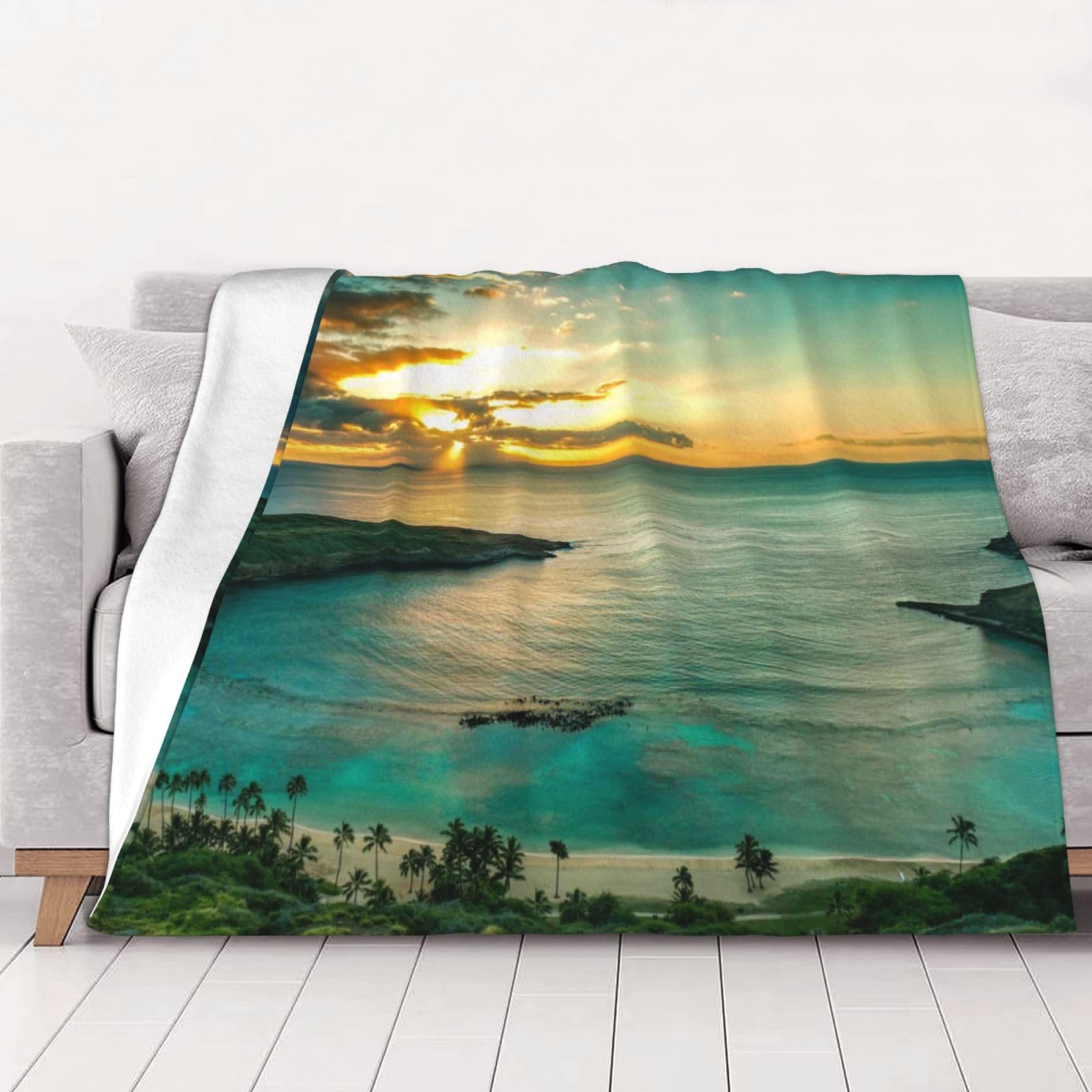 Couverture flanelle imprimée Hawaï Sunrise Over plaid chaud adulte 125x100 cm