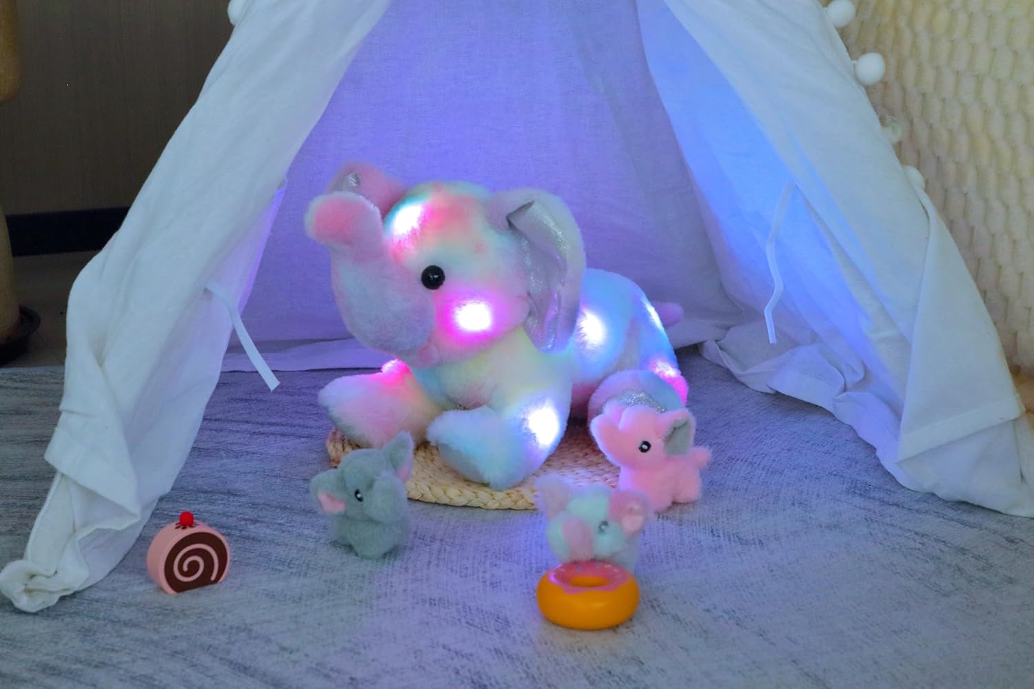 Hopearl LED Plush Colorful Elephant Light up Stuffed Mommy Elephant with 3 Baby Elephish in her Tummy Floppy Stuffed Animal Playset Night Lights Glow in the Dark Birthday Gifts for Toddlers, 18''