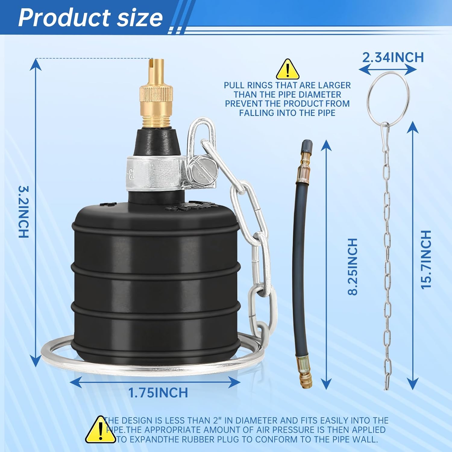 2 PCS 2IN Rubber Pipe Test Plugs with 8.25IN Inflation Tube, Max 40 PSI - for Sewer, Drain & Bathroom Leak Detection, Anti-Drop Chain & Large Pull Ring