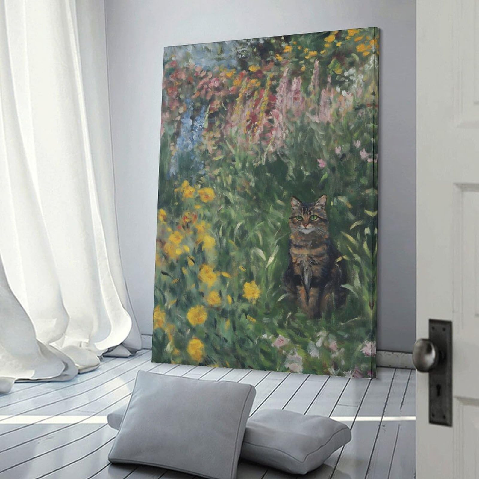 Junmoney Cat in A Garden Canvas Wall Decor, 20x30inch(50x75cm), for Bedroom, Guest Room Or Reading Nook, Canvas Wall Decor for Personal Spaces